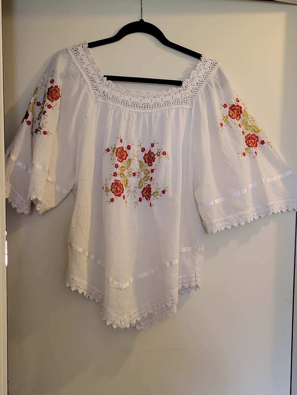 White Embroidered Peasant Blouse with Red Floral Accents